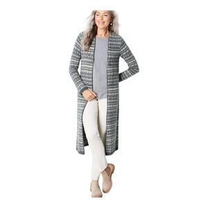 J JILL M Cardigan Sweater Duster Nordic Gray Ivory 1 Button Cotton Blend 40"